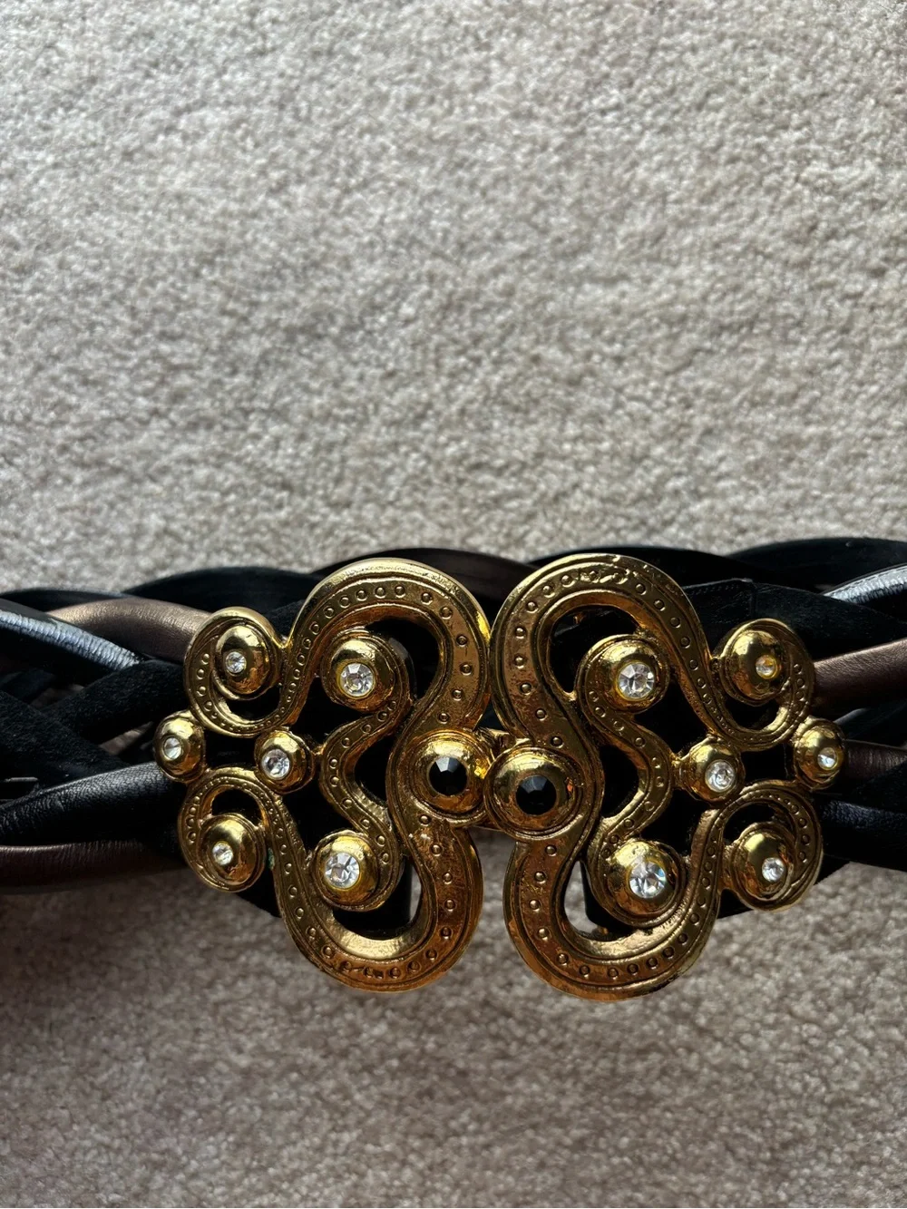 Emanuel Ungaro Braided Black and Brown Belt with Decorative Gold Buckle